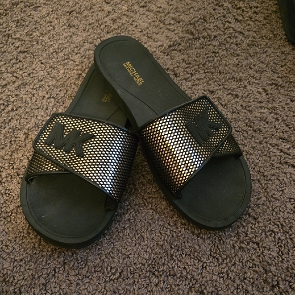 Black and Gold Slide Sandals - Picture 1 of 3